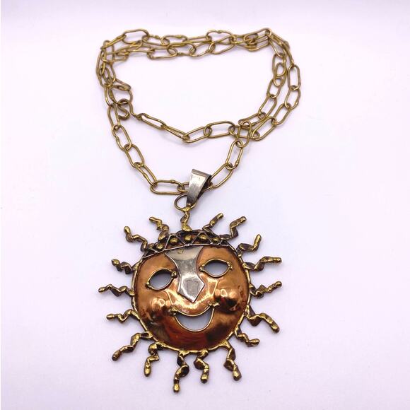 Vintage Artisan Mixed Metal Sun Pendant Necklace – 24” Handmade Smiling Design - Picture 1 of 5